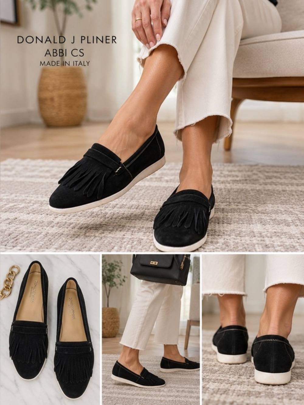 Donald J Pliner Abbi CS Size 9B Black Suede Fringe Loafers Quiet Luxury Italy